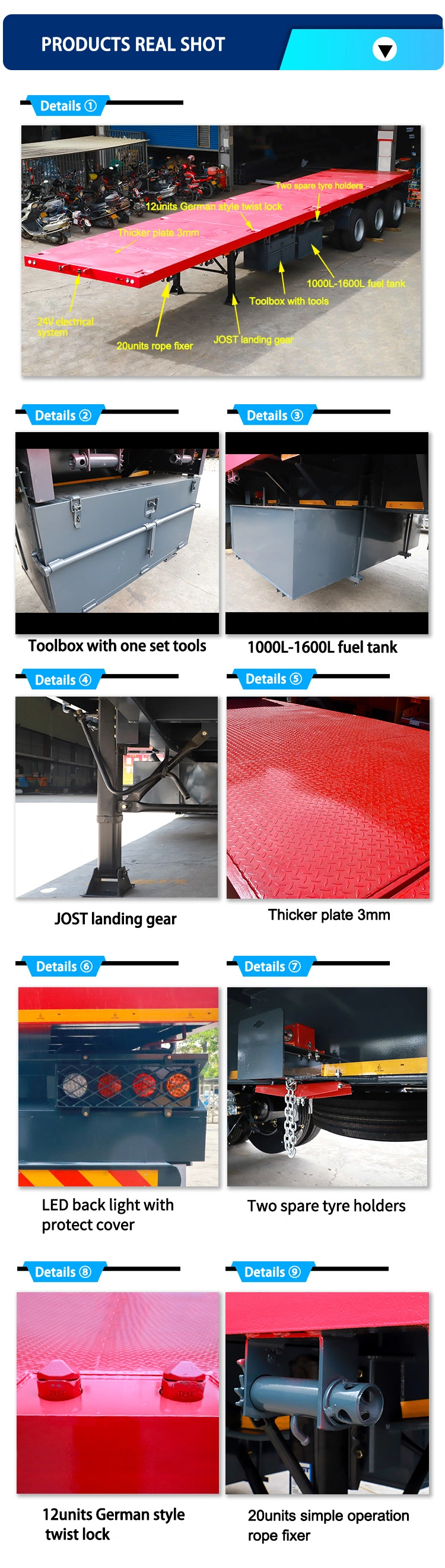 Good Quality Flat Bed Deck Semi Trailer 3 Axle 20FT 40FT 60FT 50FT Container Flatbed Semitruck Trailers for Vehicle